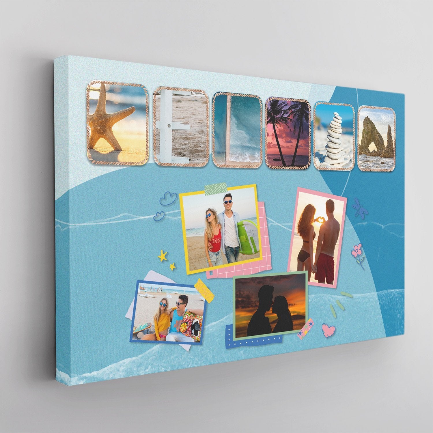 This canvas wall art is inspired by the beach theme. It can be personalized with your photos and name.