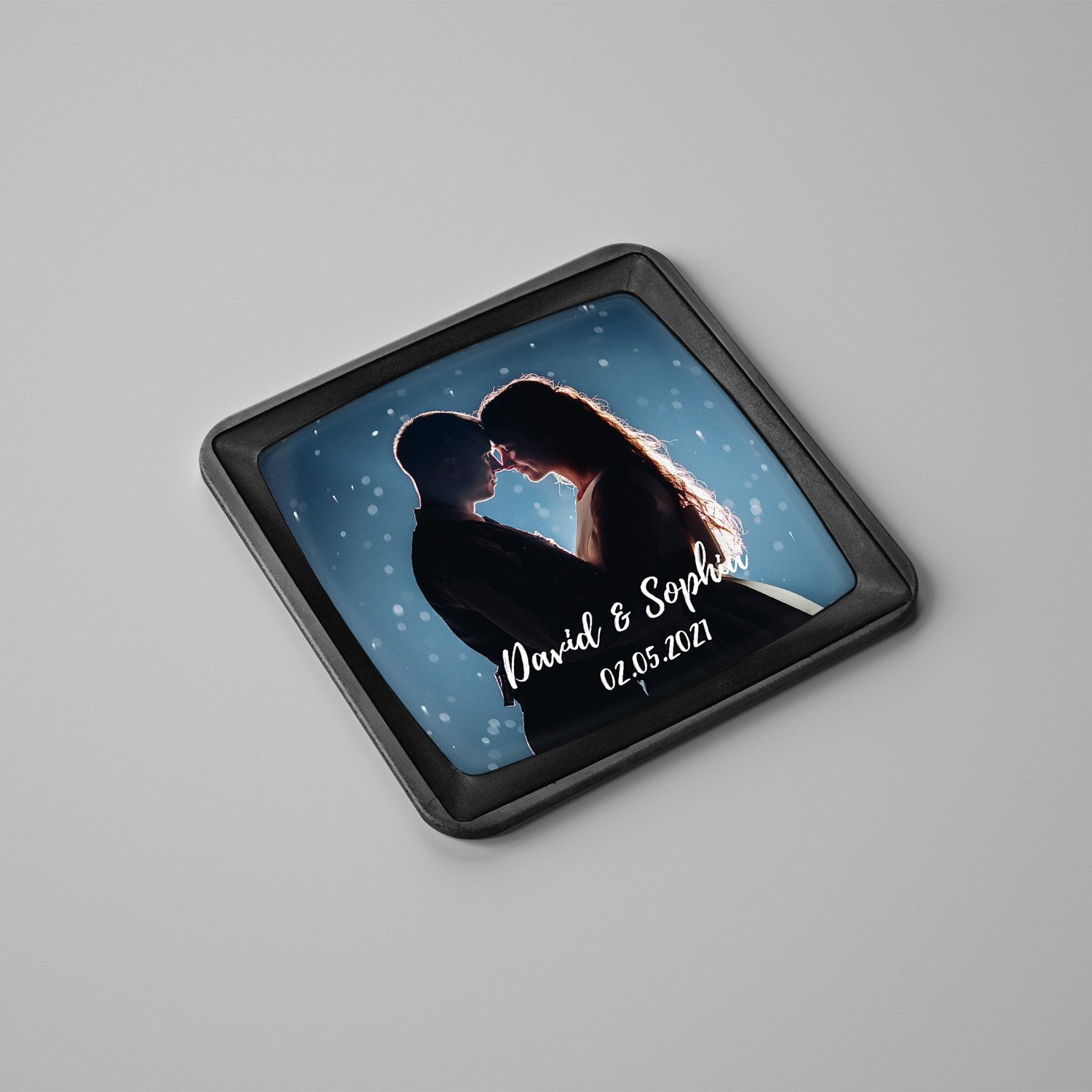 Custom Photo Coasters Personalized With Photo, Name, and Date in the Blue Background Color