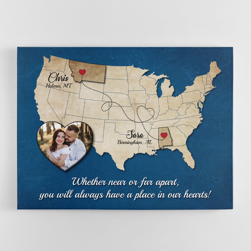 Long-Distance Map Canvas print personalized with two locations, two names, one photo and quote'Whether near or far apart, you will always have a place in my heart.' 