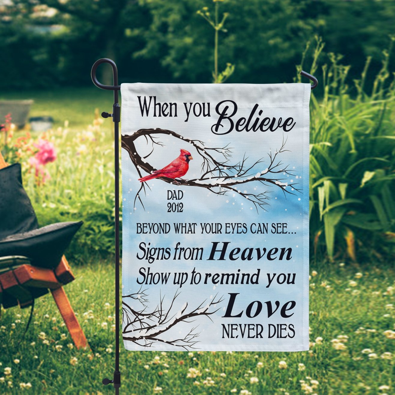 Decorating a memorial garden provides peace, comfort, and healing to those who lose their grandparents. Then, why not help them overcome this sorrow with this Custom Memorial Garden Flag? It’s particularly appropriate when honoring your departed grandparents who loved nature.