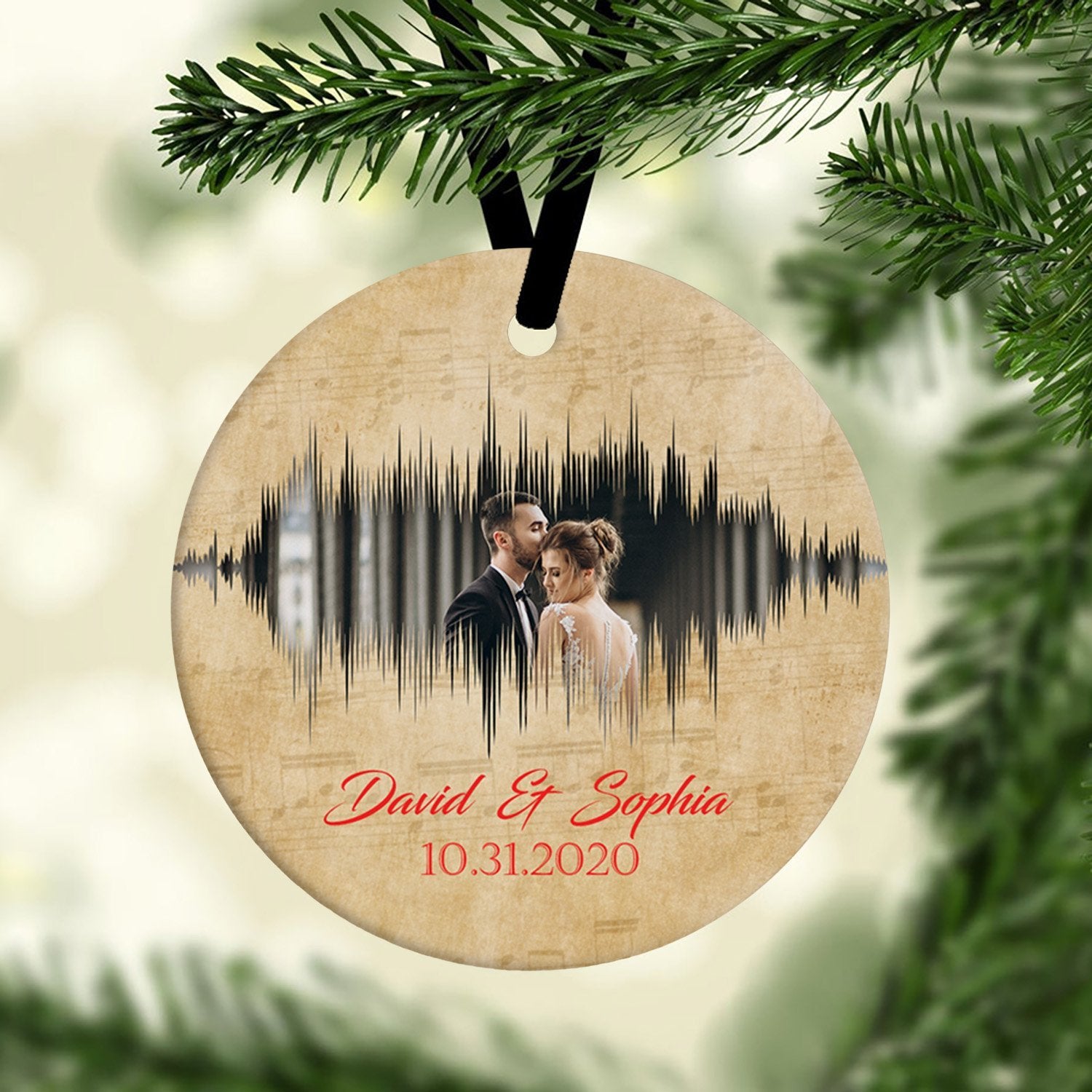 A Christmas circle ornament that has name, date two-sided printed on a light brown color song sheet background make the perfect gift for your woman on Noel