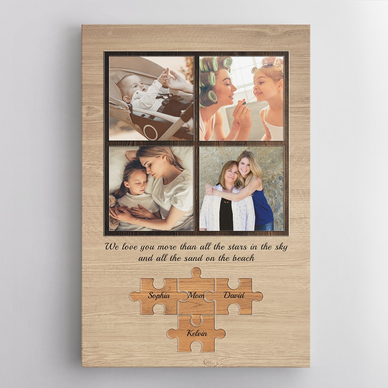 A rectangular canvas wall art print name, photo collage, message with puzzle pattern on a brown color background is the best gift for mom