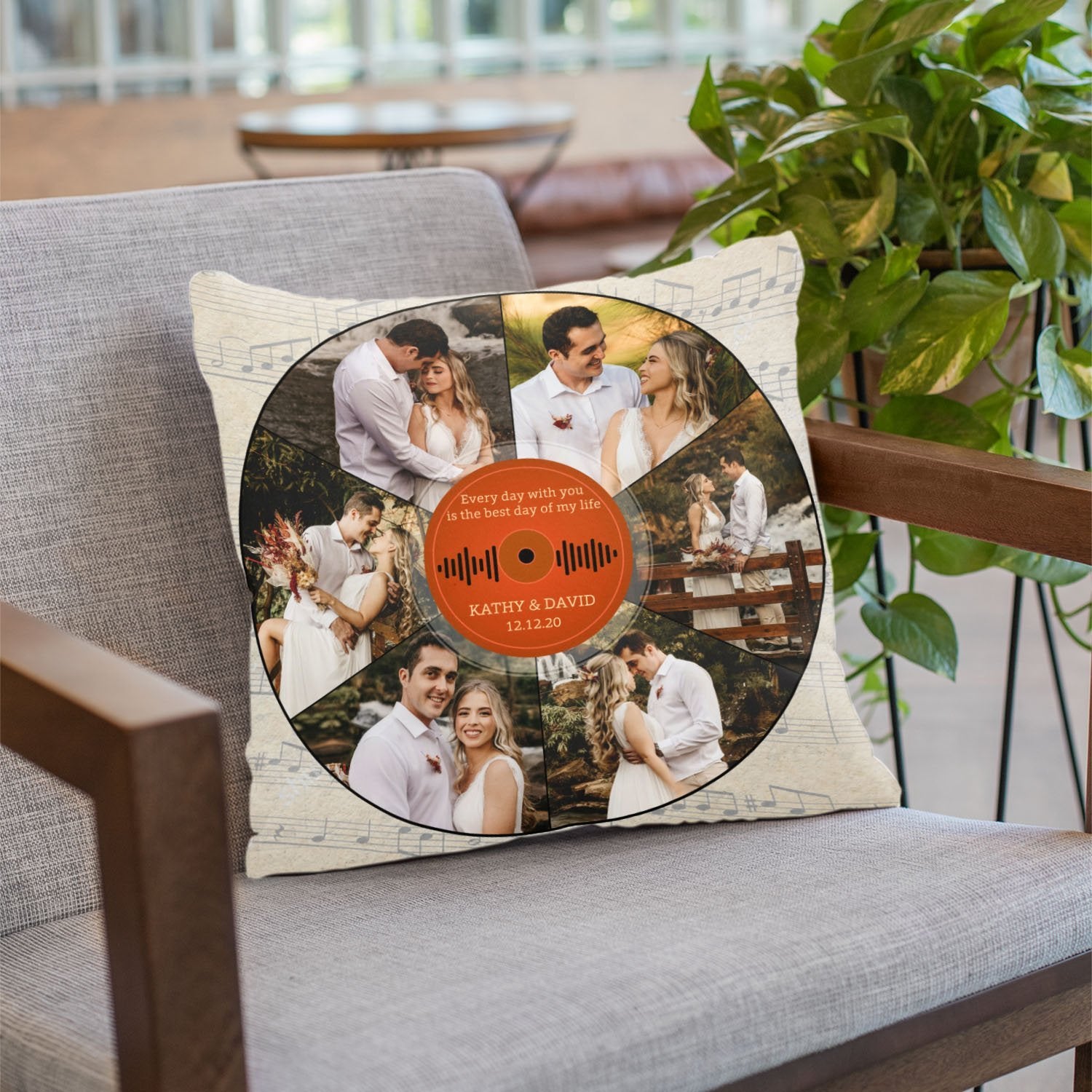 Soft pillow with white-colored backside and picture of the two of you will make a great gift for your husband.