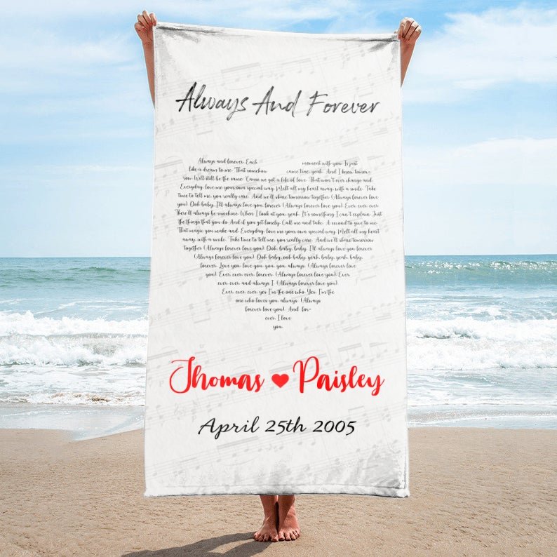 Custom Song Lyrics Beach Towel Personalized With Name, and Date, Having the Words Always and Forever in the Blue Beach Background Color