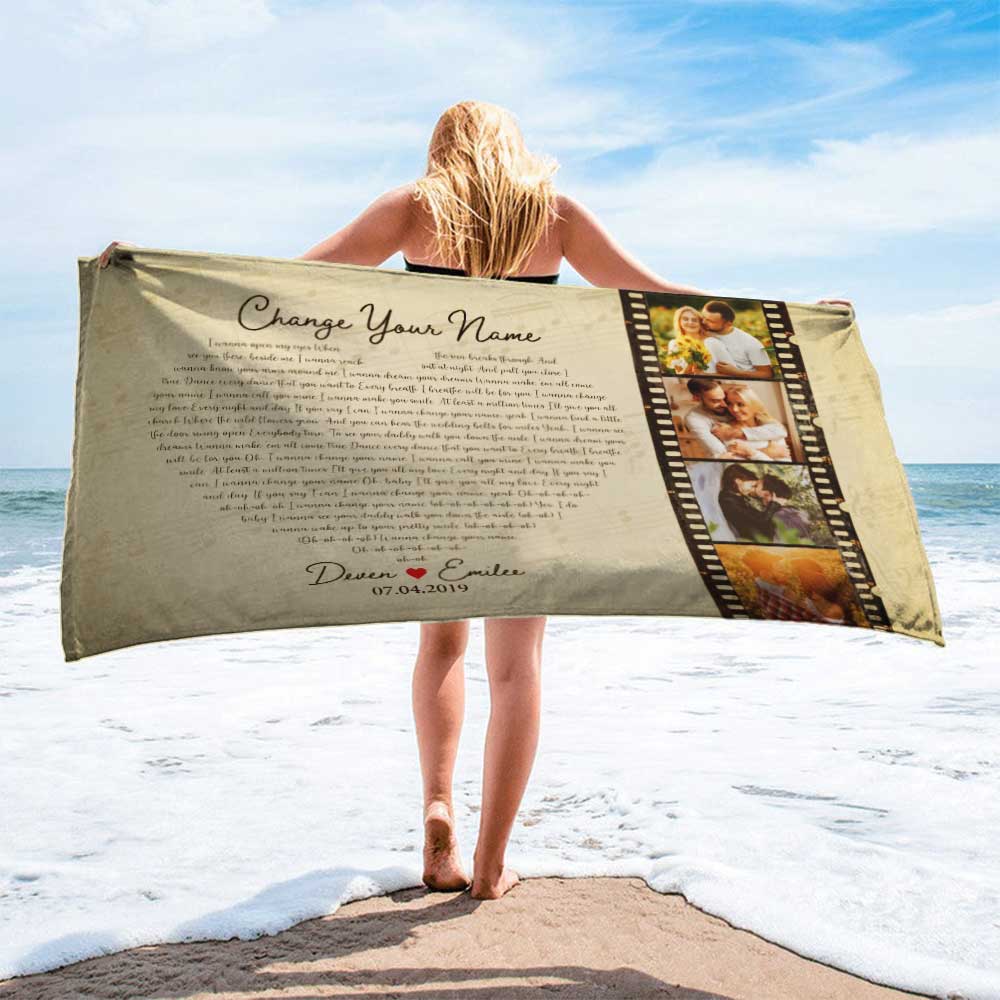 A beach towel that has song lyric print, name print, 4 pictures print, and date print on the light-brown color background will be the best valentine gift for your woman