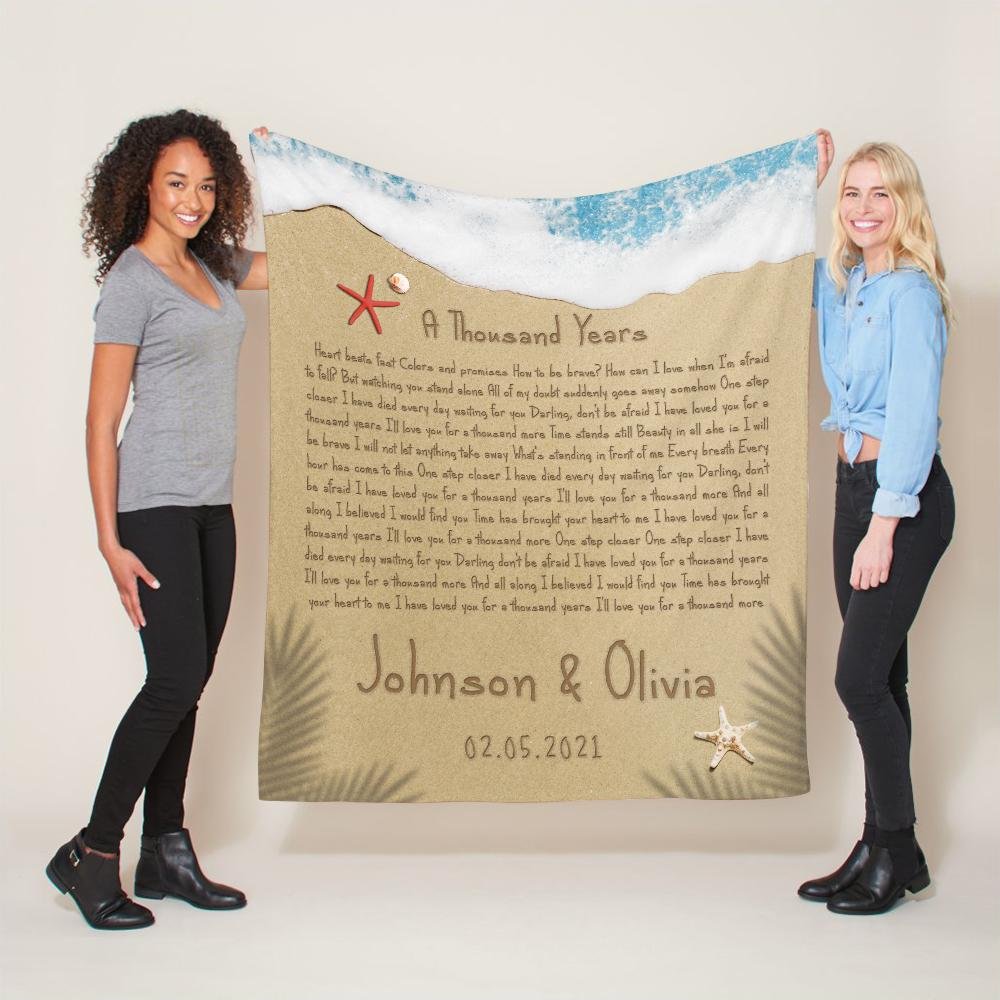 A blanket that has song lyric print, name print, date print on the beach sand background will make the best valentine gift for your girlfriend