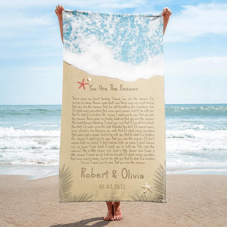 Not allowed to take a beach vacation for your anniversary in this pandemic time, your beach-loving partner probably can’t bear just being at home. Remove his confined feeling with this custom song lyrics beach towel. Undoubtedly, his whole face will light up when he touches it. This soft beach towel is surely the first thing he packs for his beach trip after the closures. 