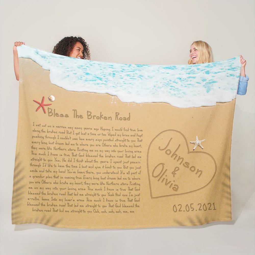 This beach-themed blanket is a great decor for any house style. It can be customized with your favorite song, names and date.