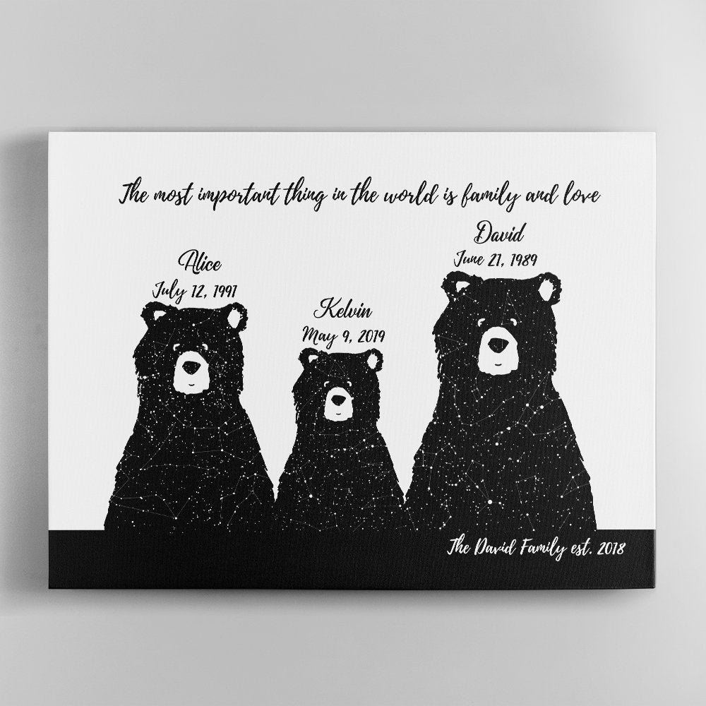 Officially having a “full family” is so great for men. So, congratulate the new daddy with a special gift of custom bear family star map canvas art. Personalized with the names and birthdays of each of his family members, the art would remind him that family is always the most precious thing in the world.