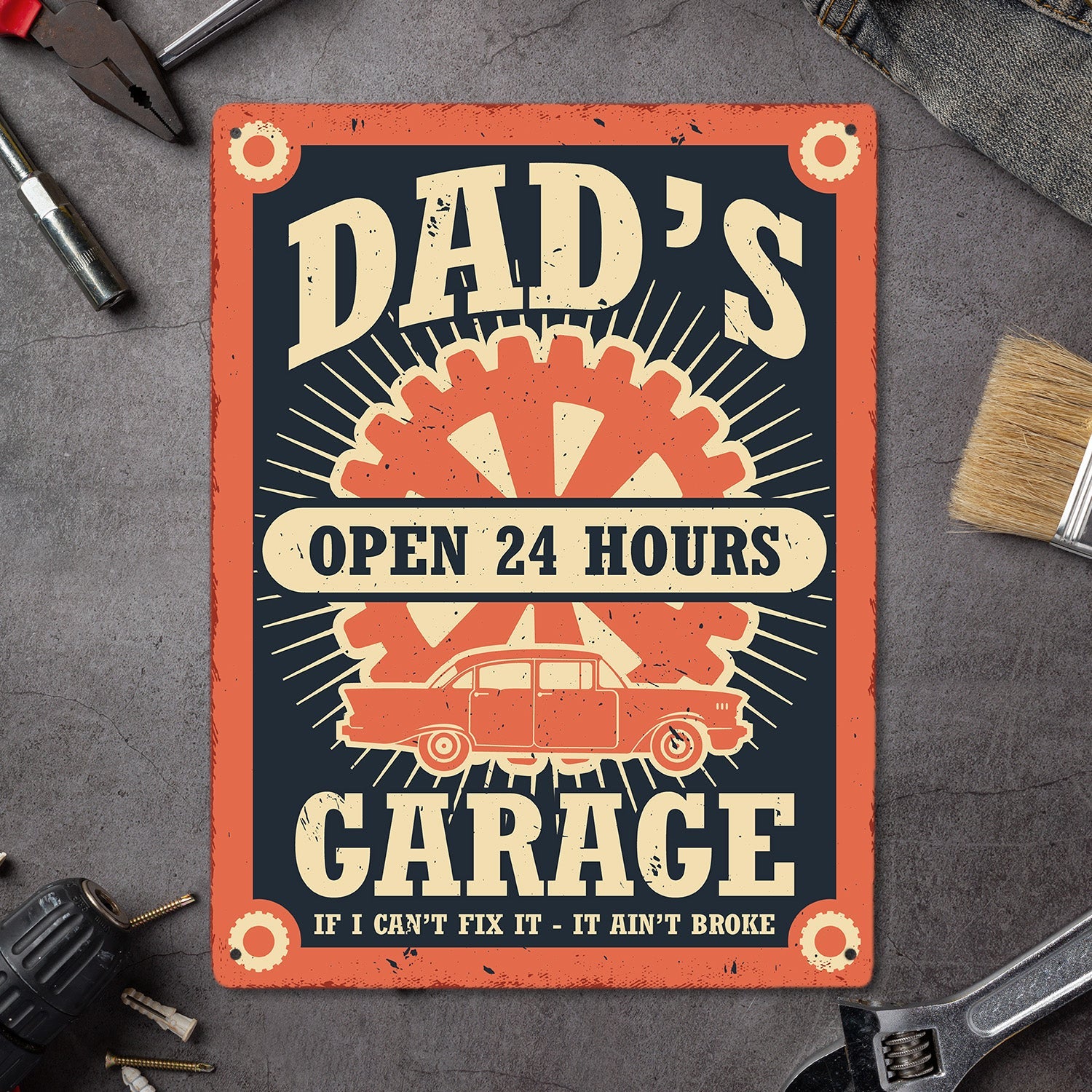 This garage metal sign with a cool design will please your dad's hobby. There are four holes featured in the corner of each plaque. Easy to hang on your door or wall. Four holes featured in the corner of each plaque, thus easy to hang on his door or wall