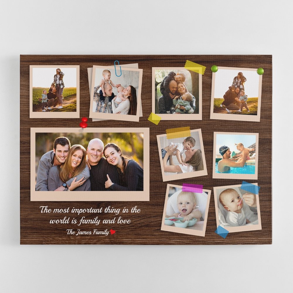 Family Photo Collage Canvas Wall Art Personalized With Photos and Text -  Wood Vintage Background