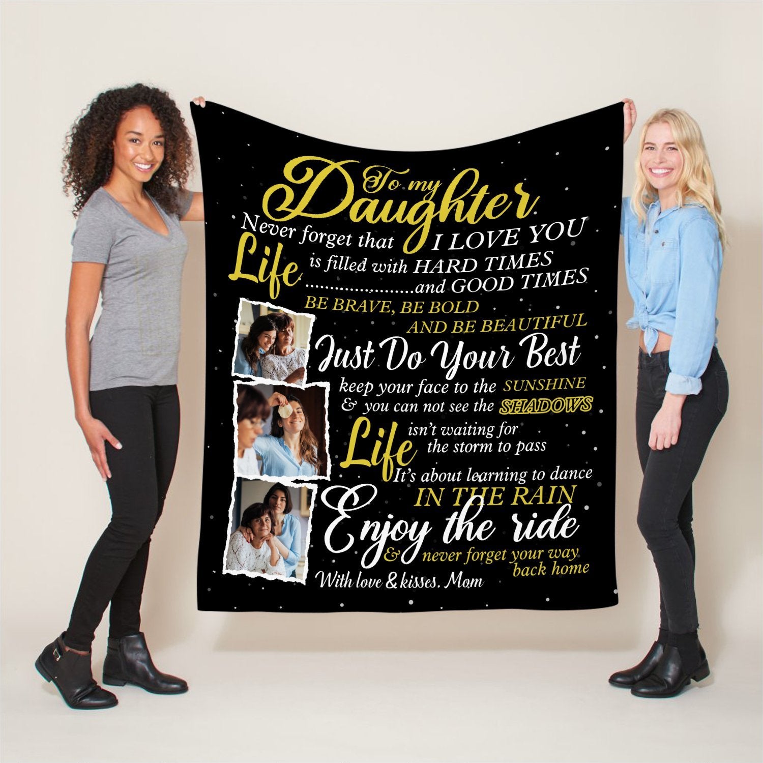 A black-color blanket print photos, loving message in yellow and white color is the gifts of inspiration for daughter