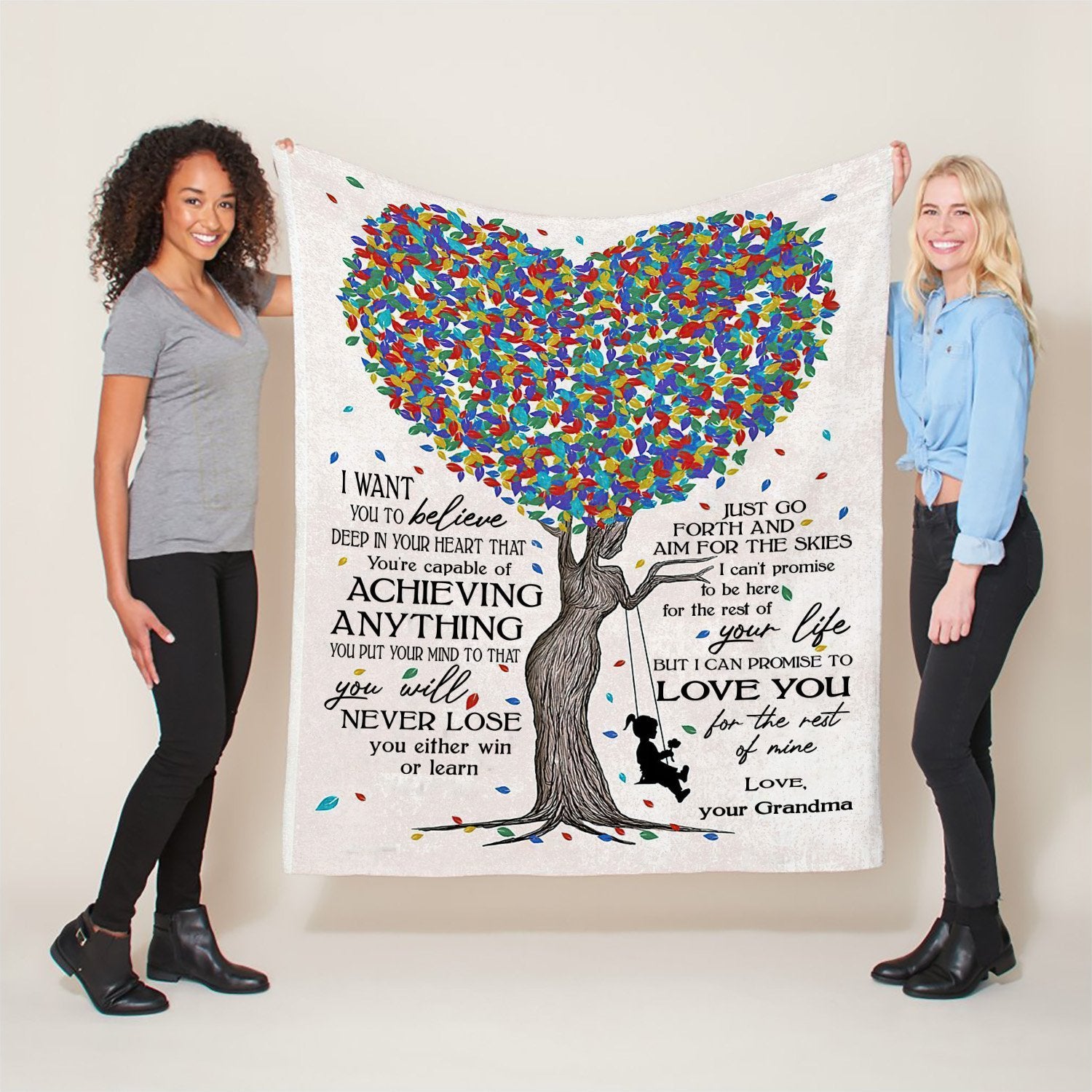 A white-color blanket print name, photos, loving message in black color with heart shape tree image in the center is the gifts of inspiration for granddaughter