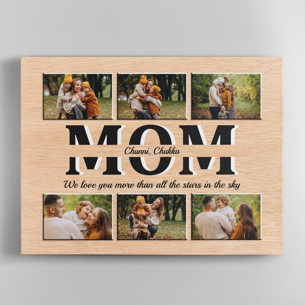 A word may be gone after we say it, but a picture keeps memories forever. This mother’s day, why not buy mom a meaningful mom custom photo canvas gift? The photo collage of mother son images on the light wood background will help her keep her fondest memories close by.