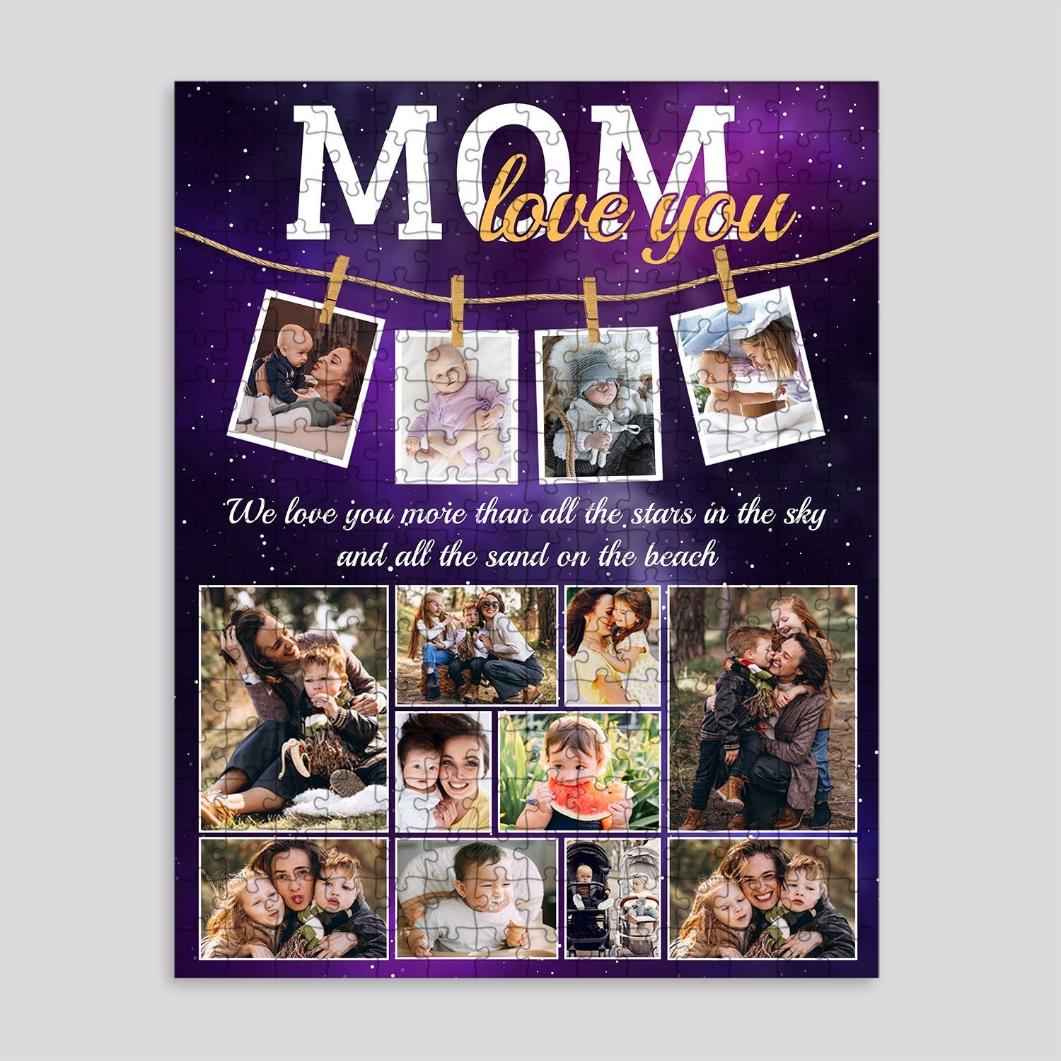 A jigsaw puzzle made of 14 pictures and a message print on purple color galaxy background is the best gift for your mom