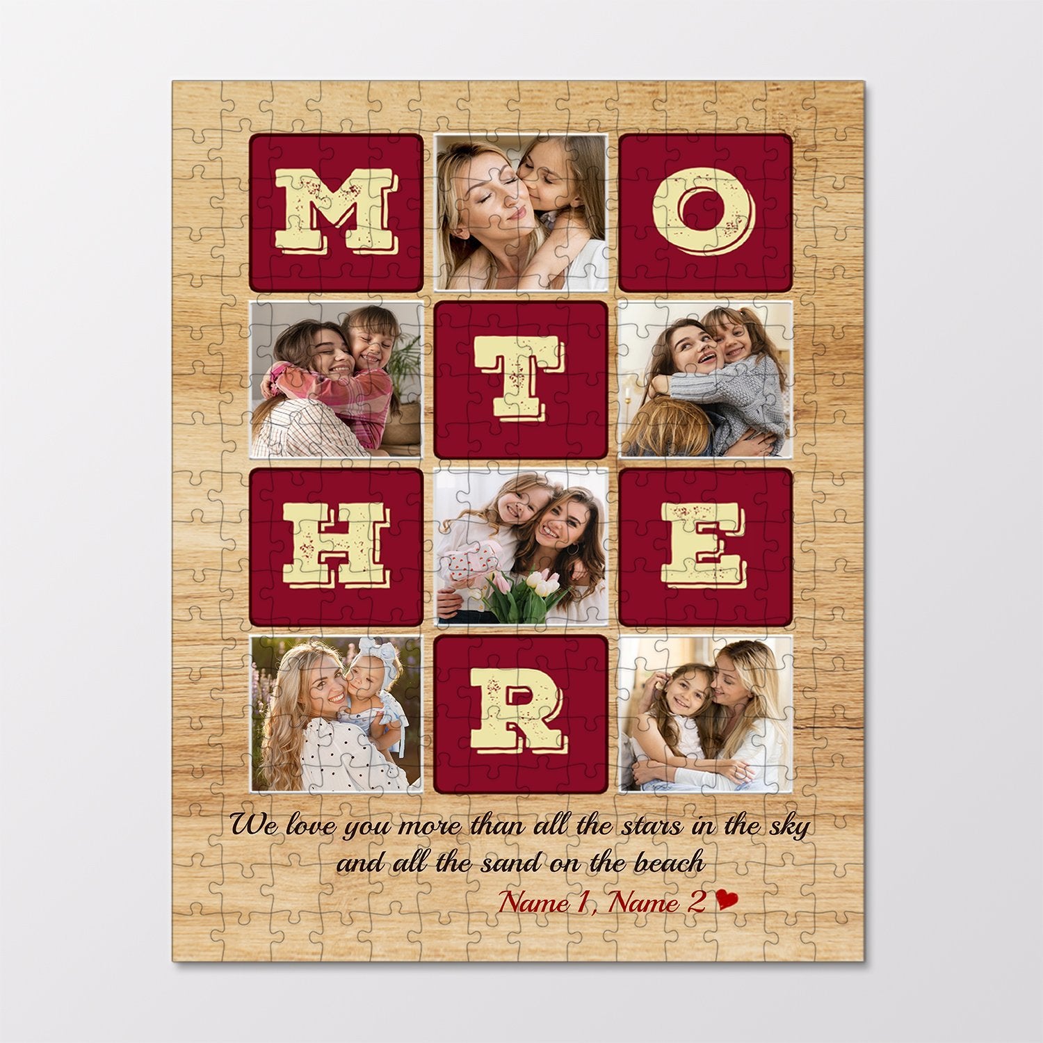 A jigsaw puzzle made of 6 pictures, 6 letters and a message print on brown color background is the best gift for your mom