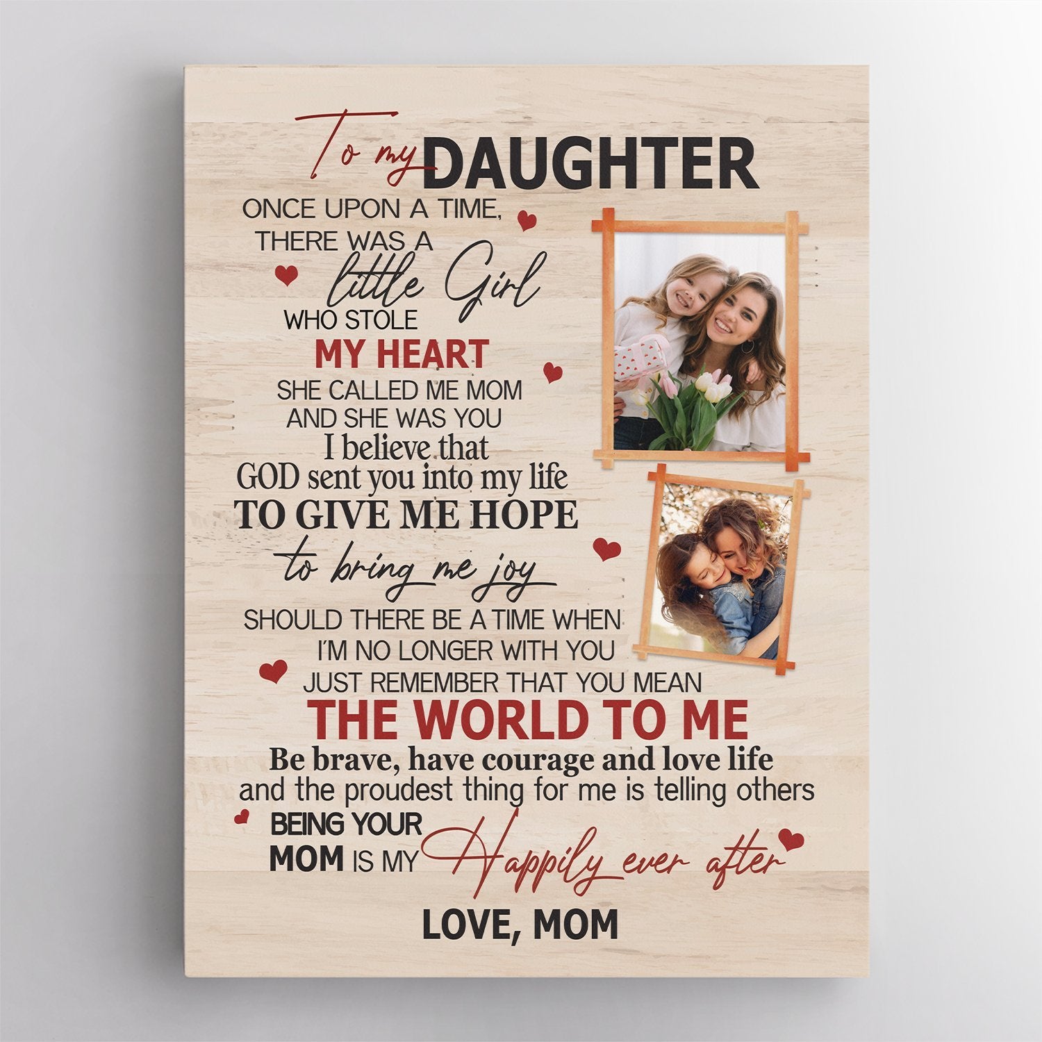 A rectangular hanging frame canvas wall art that print name, photos, meaningful message on the light wood grain color background