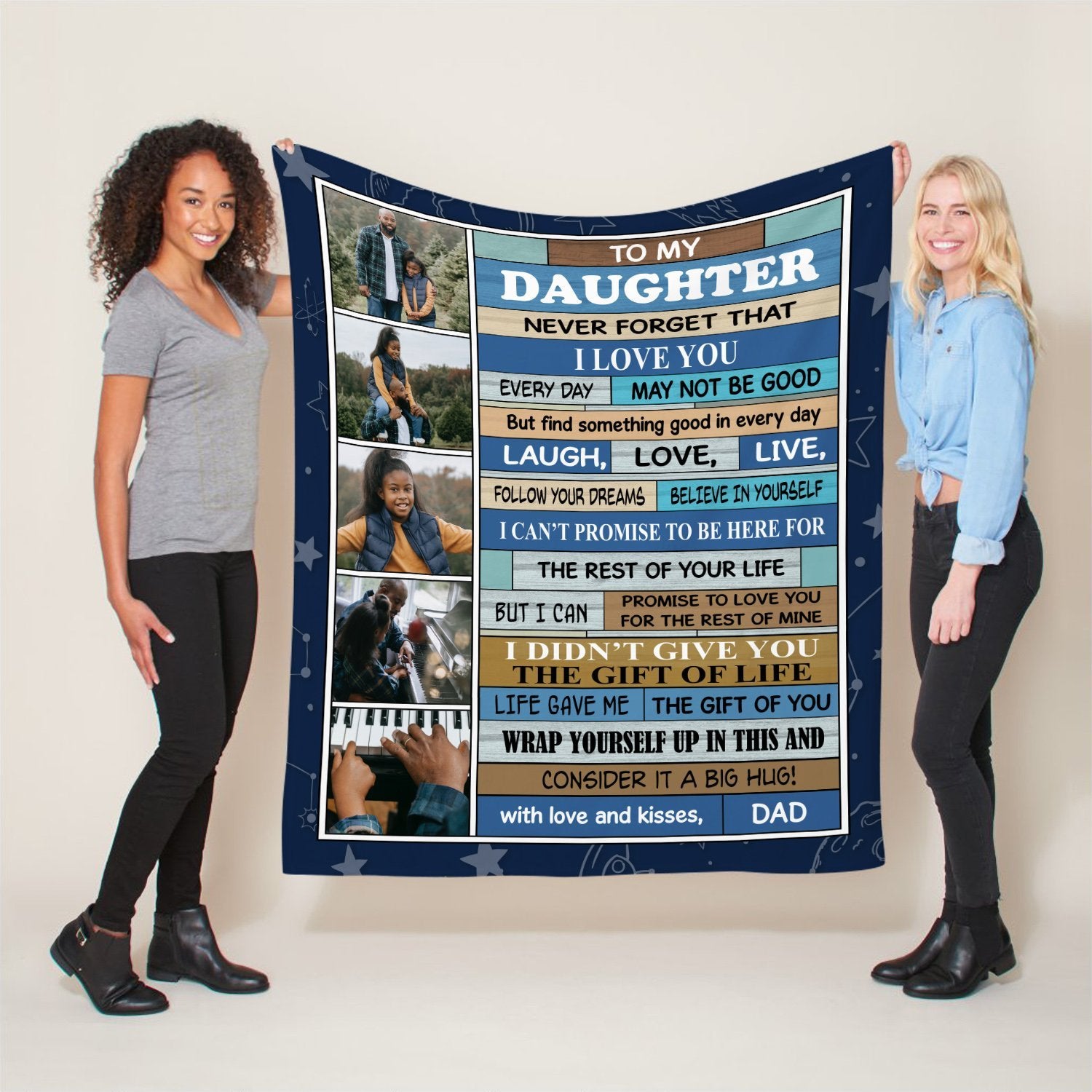 a rectangular canvas blanket that prints photos, heartfelt messages on a dark blue background are the most perfect valentines gift