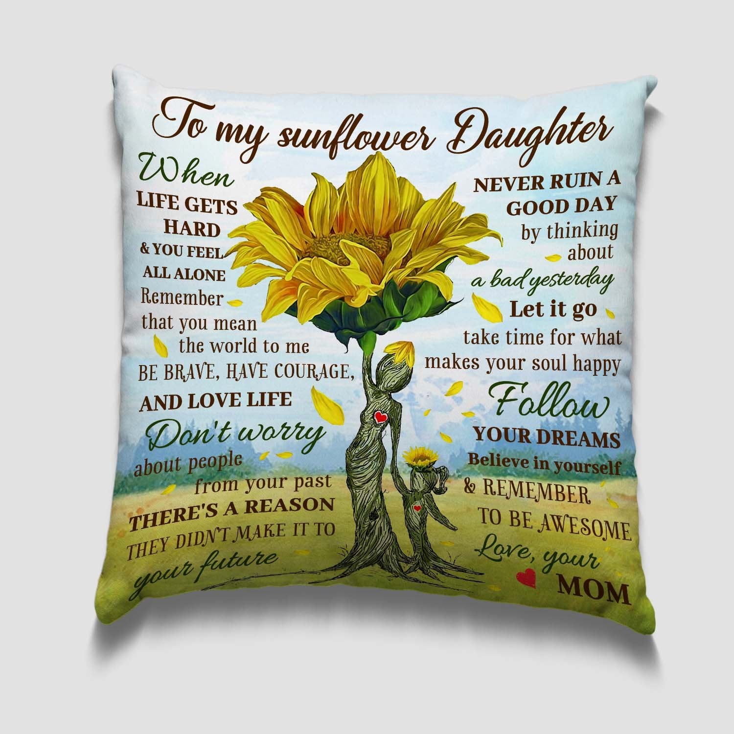 a sofa pillow print name, with long motivational message on a green and blue color with two trees holding hands image background is the best gift for daughter