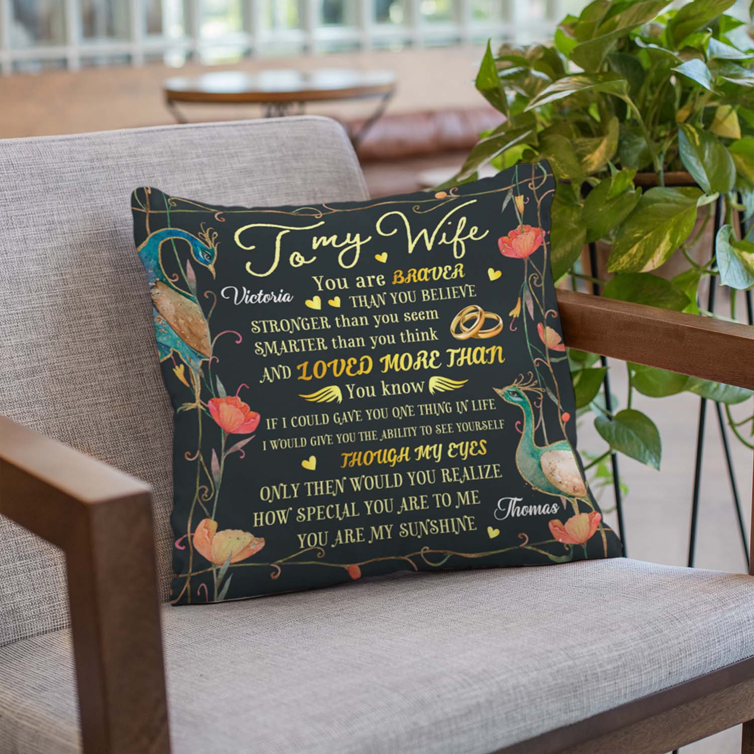 a sofa pillow print name, with long touching message on a green color with peacocks image background is the best gift for wife