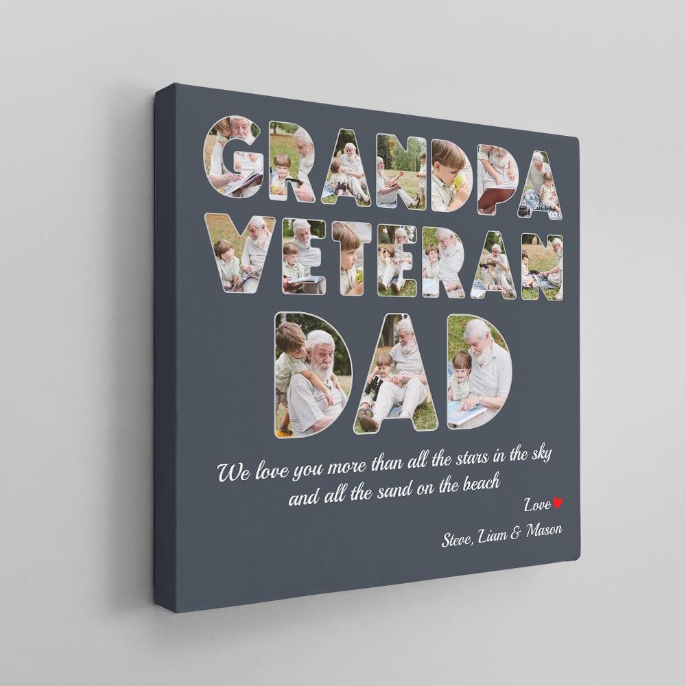 Your grandpa used to be in the military, then we have a cool and meaningful gift idea for him: Veteran, Grandpa, Dad Wall Art. The art allows you to upload 17 photos embedded in the text “Grandpa, Veteran, Dad” together with a message for a personal touch. This gift is simple but very sentimental to thank and honor a military grandpa.