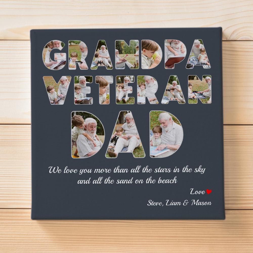 Your grandpa is a veteran and you are having trouble finding a meaningful gift for your hero. Let this Veteran Grandpa Dad photo wall art solve your problem. Just add your favorite pictures and a grateful message to show your pride for what he dedicated to a peaceful life of the country you live in. Customization has never been easier!