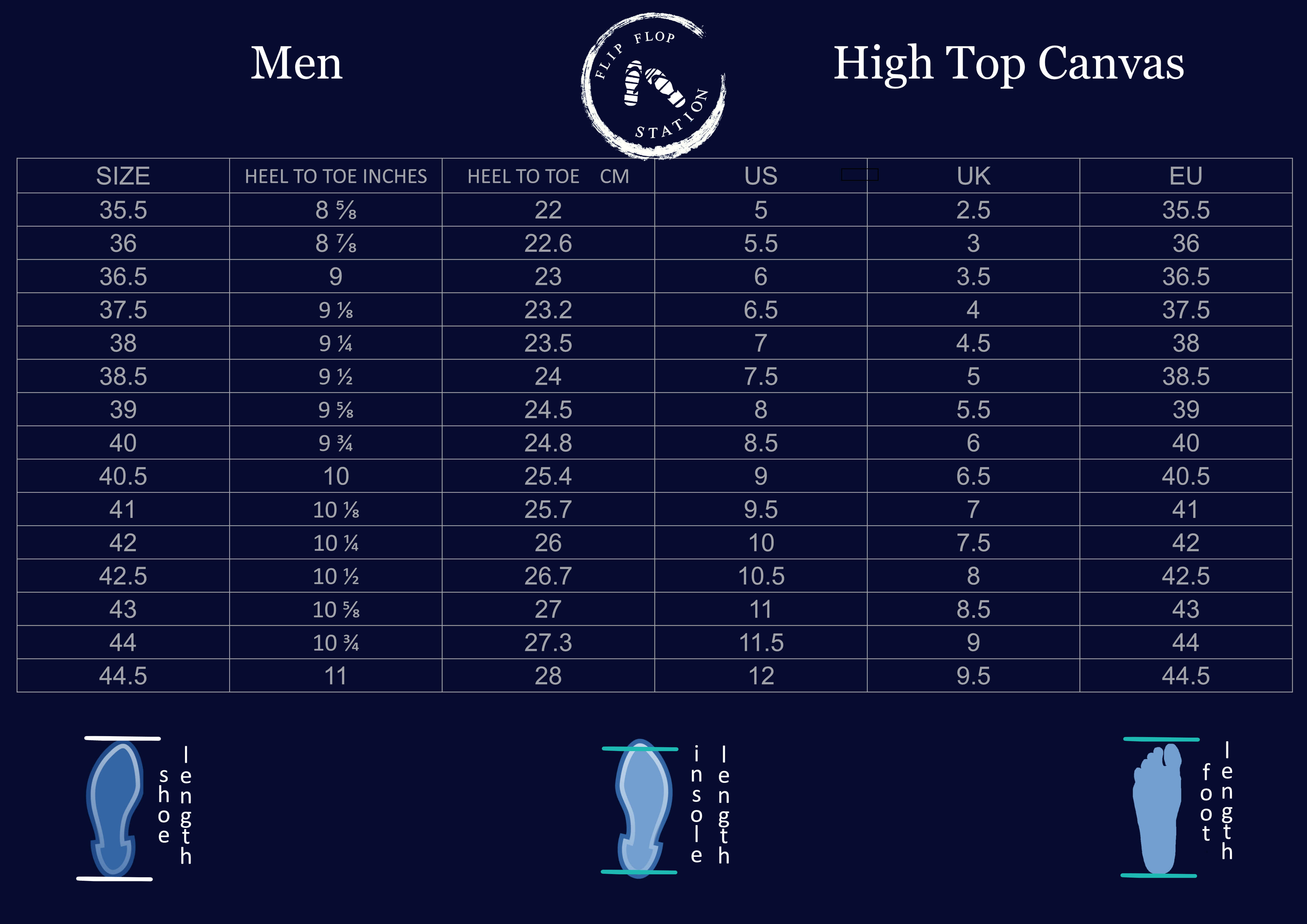 Men's High top Canvas Size chart