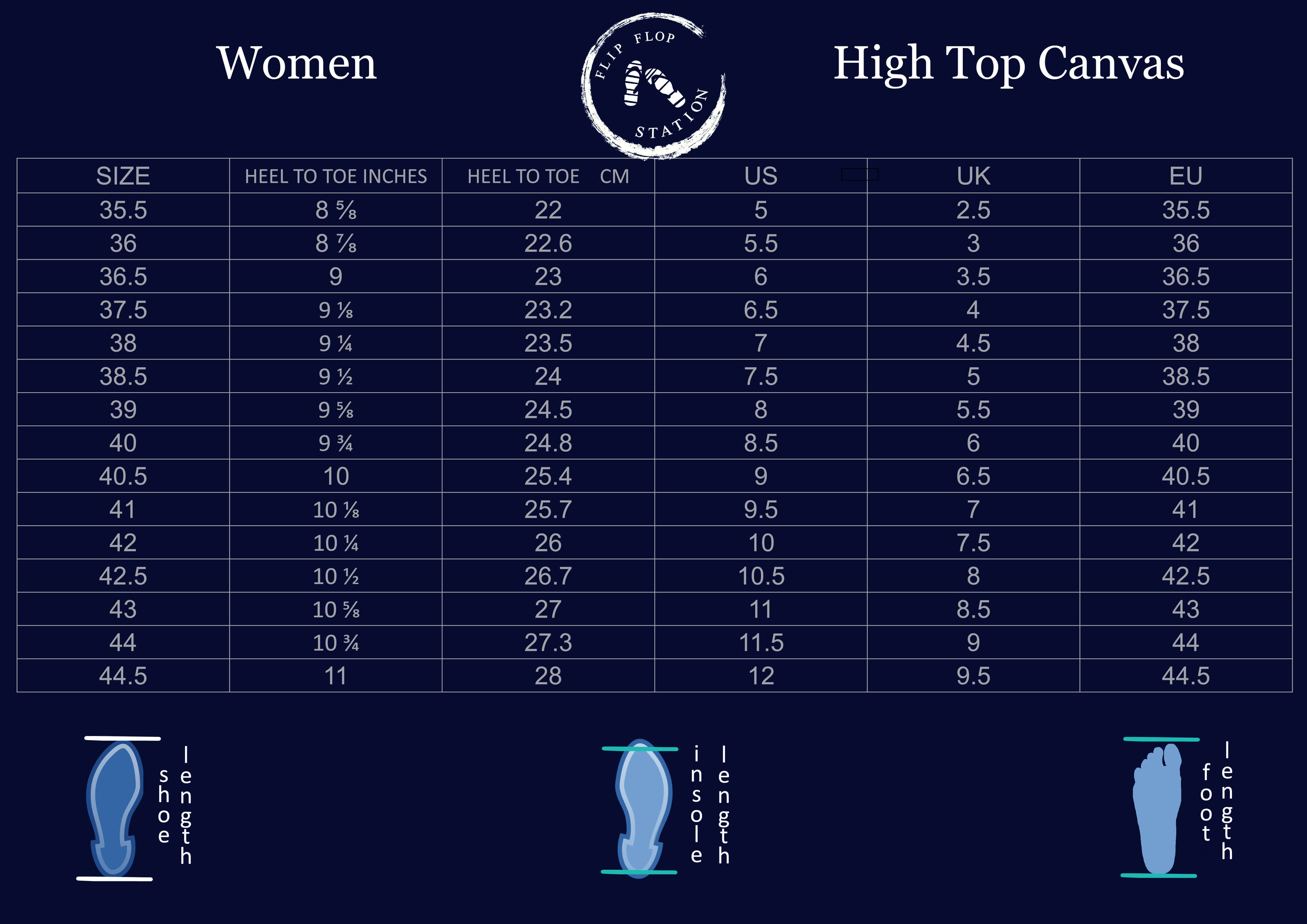 Women's High top canvas shoes size chart