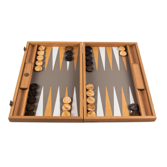 GREY BEIGE OSTRISH TOTE INTAID LEATHERETTE BACKGAMMON WITH SIDE RACKS