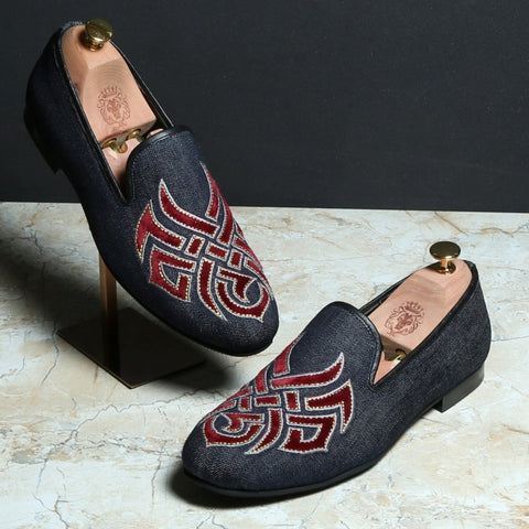 RED EMBROIDERED DENIM MEN SLIP-ONS BY BARESKIN