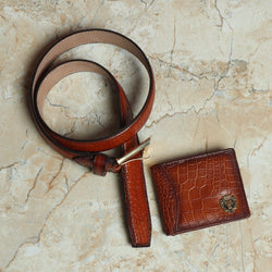 Tan Croco Print Leather Combo of Belt and Wallet by Brune & Bareskin