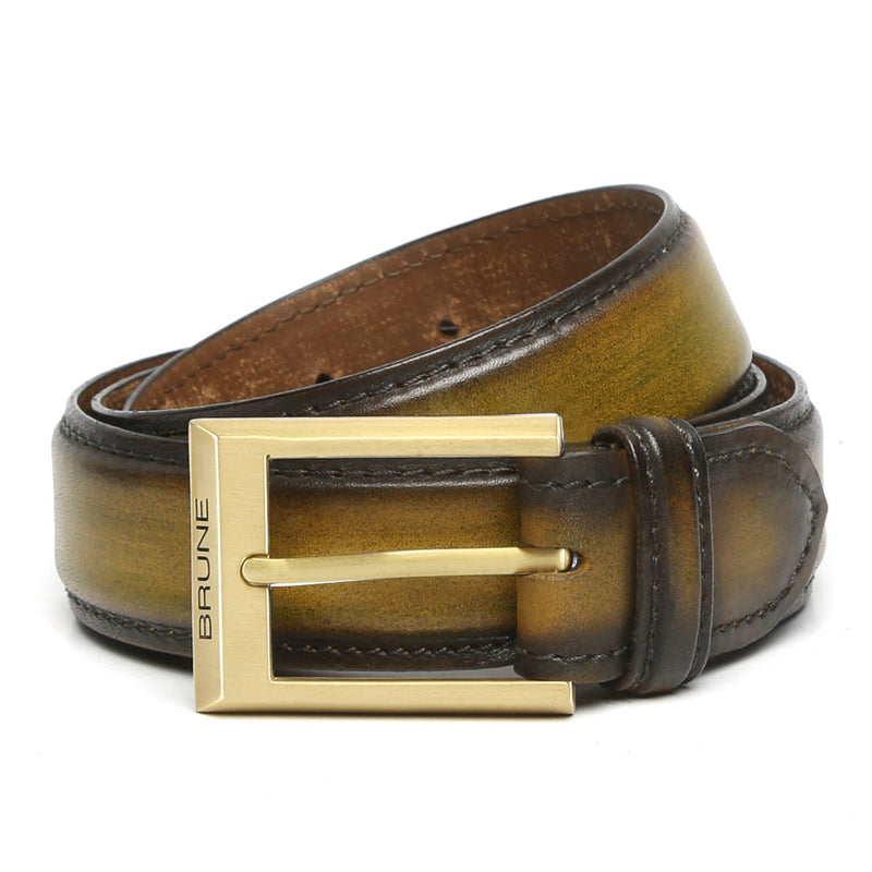 Golden square solid brass buckle - light brown leather belt - 3.5