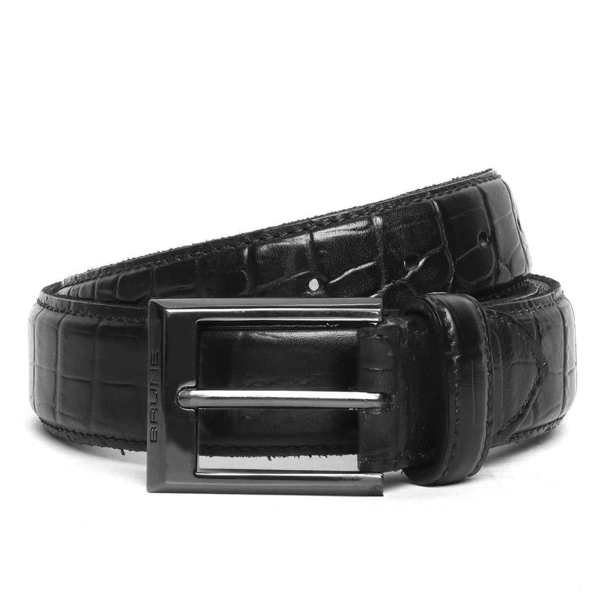 Black Deep Cut Croco Leather Gunmetal Buckle Belt By Brune & Bareskin