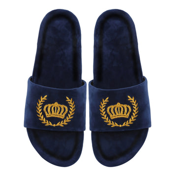 Golden Crown Embroidery On Navy Blue Velvet Slide-In-Slipper