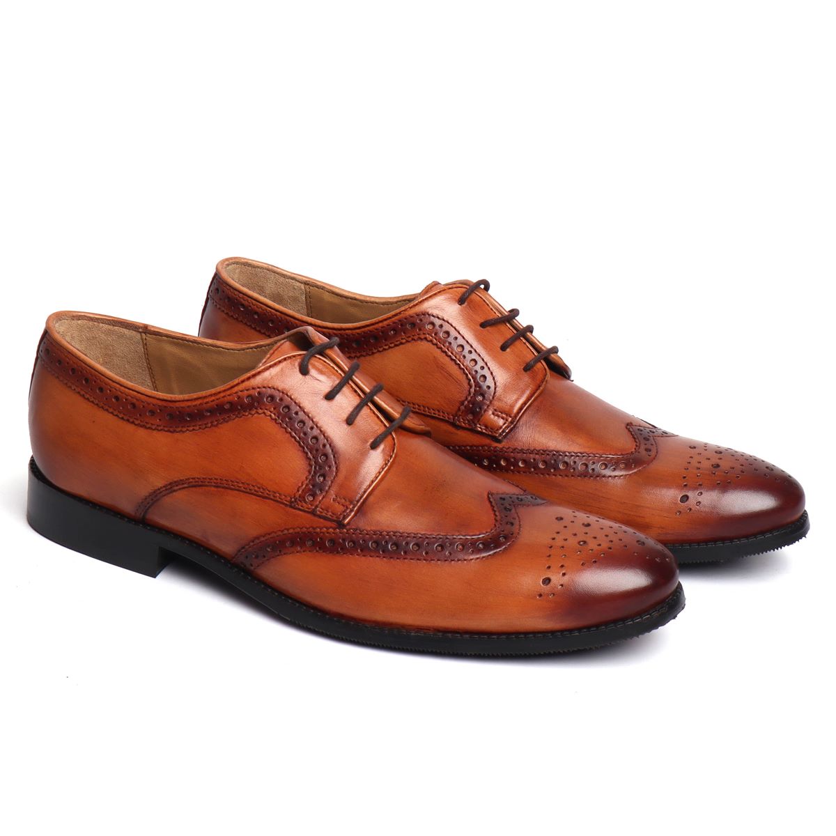 Wooden Look Full Brogue Wingtip Shoes In Genuine Tan Leather By Brune