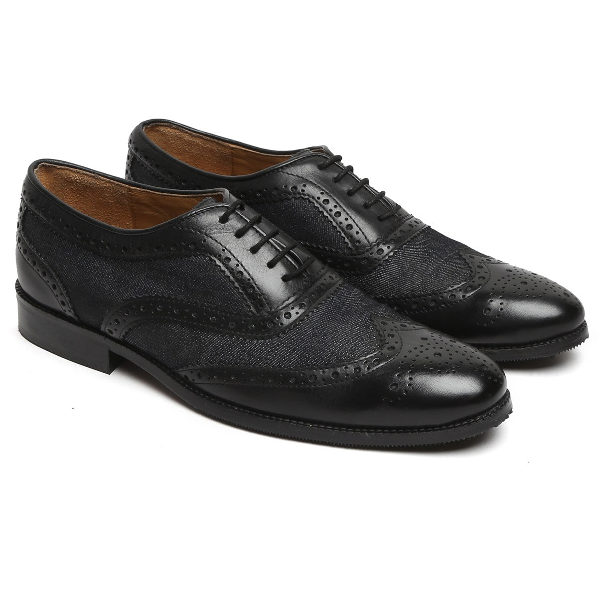 Black Leather/Charcoal Grey Denim Full Brogue Wingtip Formal Shoes By