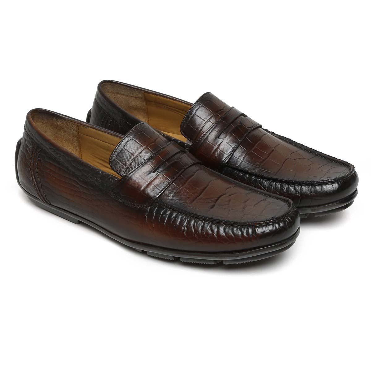 Brown Croco Print Leather Moccasins For 