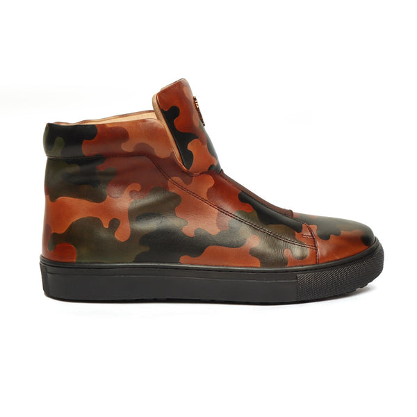 Camo Hand Painted Leather Mid-Top Sneakers with Stretchable Strap by Brune & Bareskin
