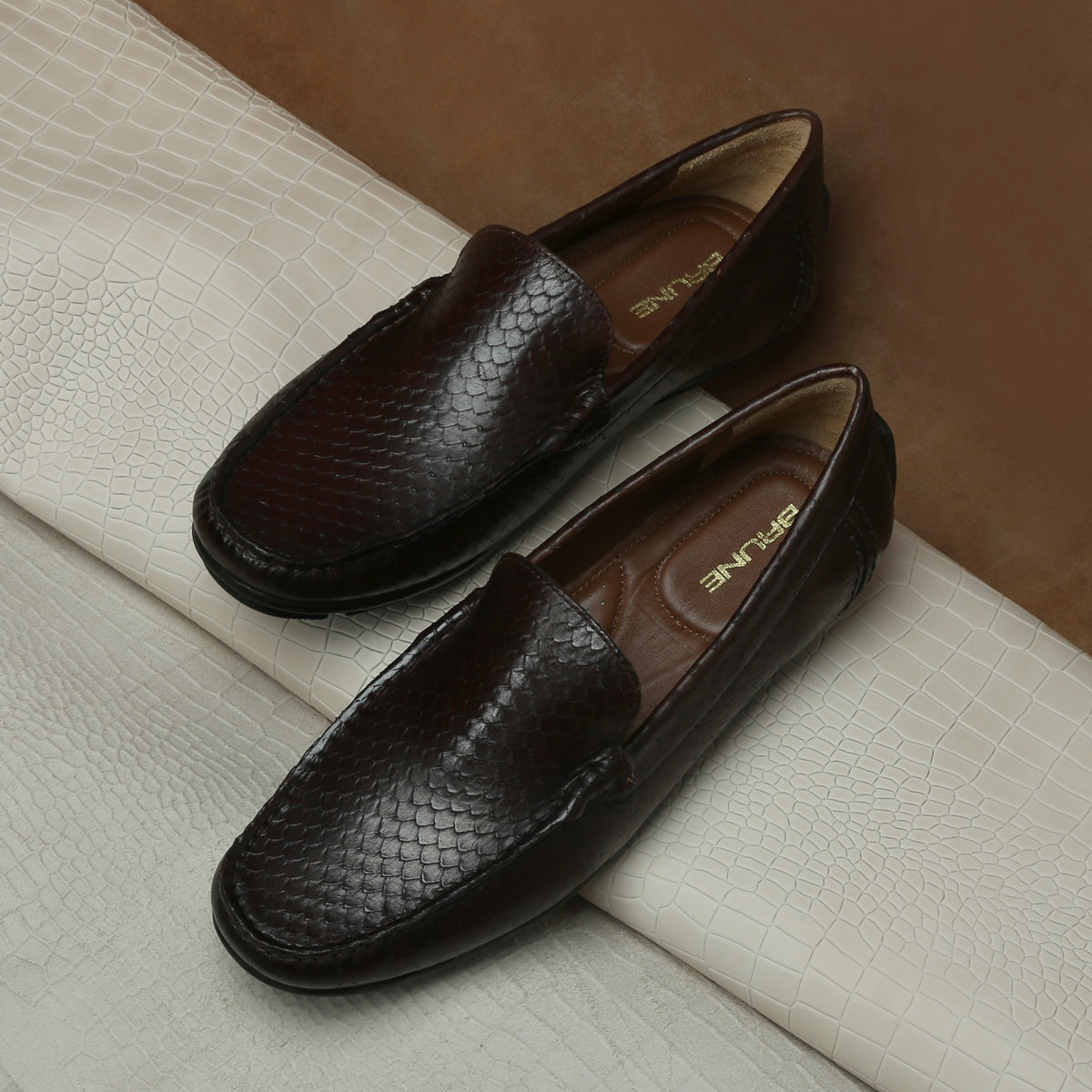Dark Brown Snake Scales Textured Leather Moccasin Loafers by Brune & B