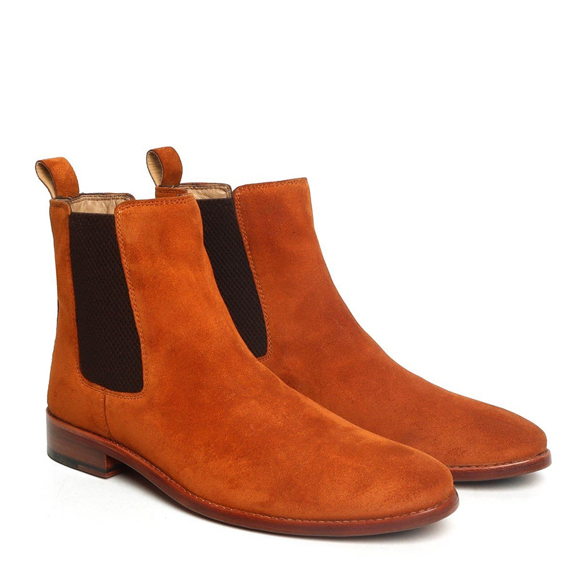 Orangish Tan Suede Leather Hand Made Chelsea Boots For Men By Brune