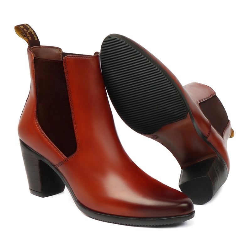 Tan Leather Ankle Boots  With Blocked Heel for Ladies By Brune & Bareskin