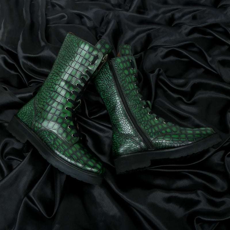 Smokey Finish Green Deep Cut Croco Leather With Metal Lion Logo Lace-Up Ladies Boots By Brune & Bareskin