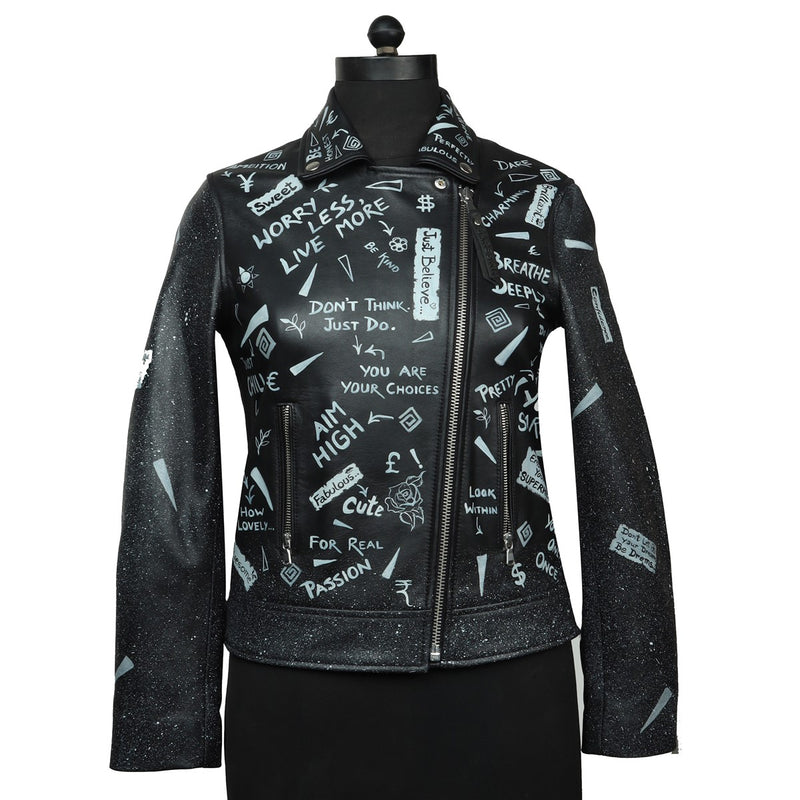 Black Handwritten Ladies Leather biker style Jacket By Brune & Bareskin