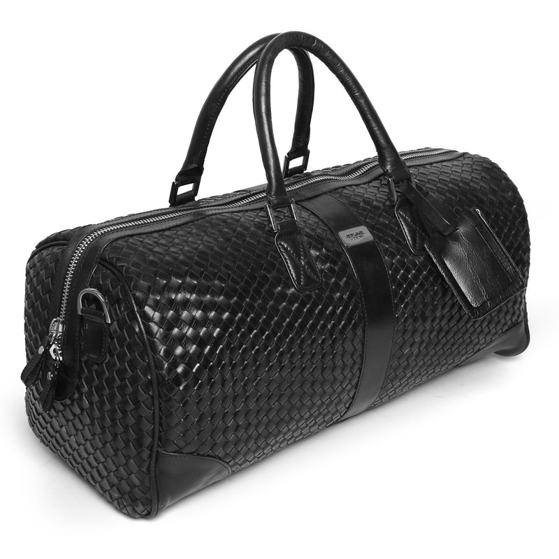 Brune And Bareskin Black Leather Woven Detailed Duffle Bag 6001