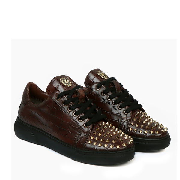 Men's Dark Brown Deep Cut Croco Low Top Leather Sneaker with Studded Toe by Brune & Bareskin