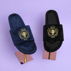 black and blue slippers