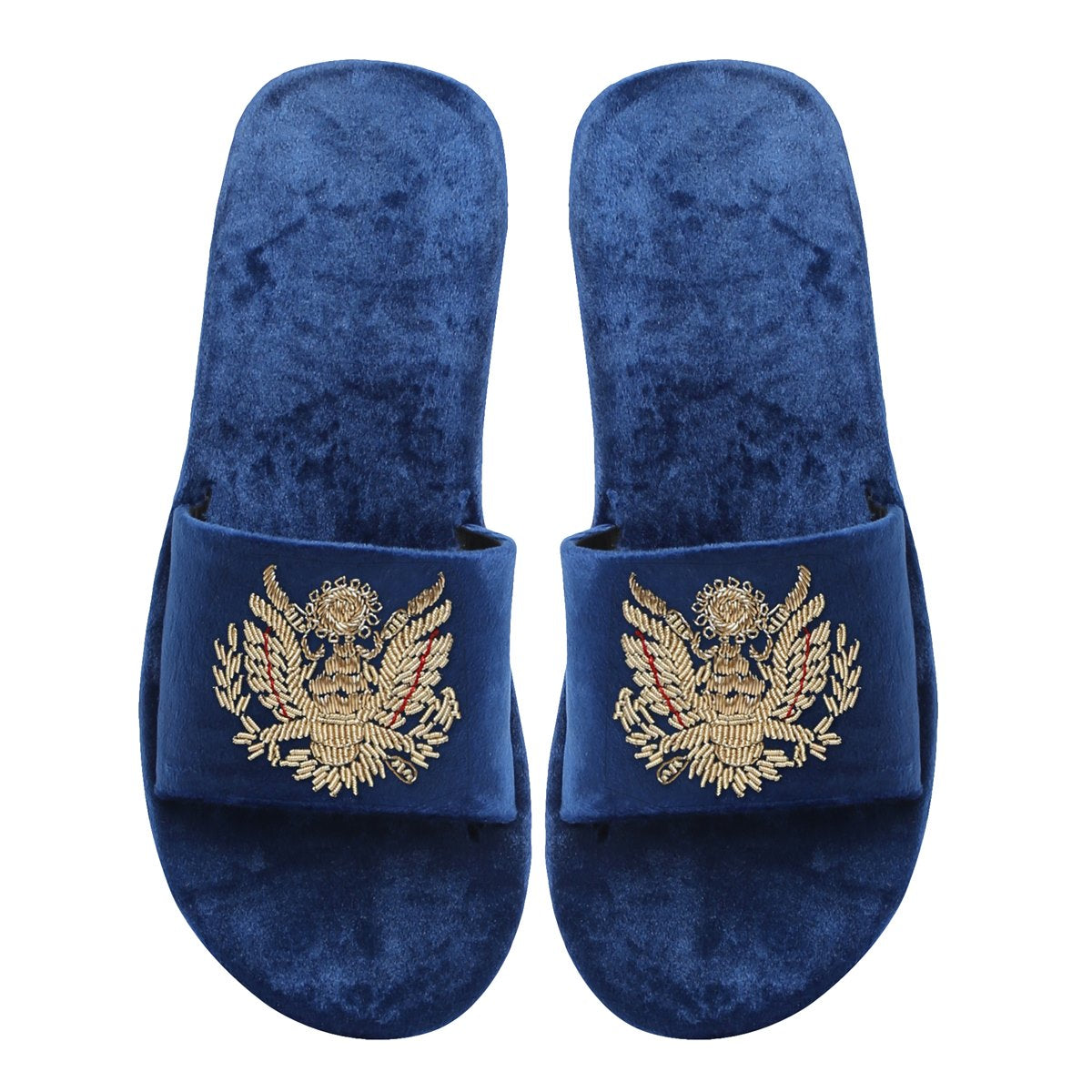 Blue Royal Crest Zardosi All Velvet Slide In Slippers By Brune & Bareskin