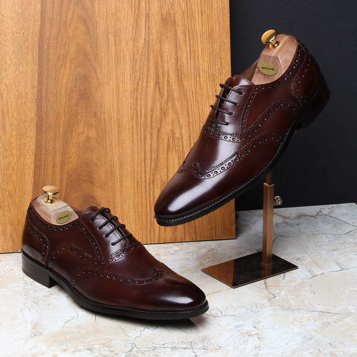 DARK BROWN FULL WINGTIP BROGUE LEATHER OXFORDS SHOE BY BRUNE & BARESKI