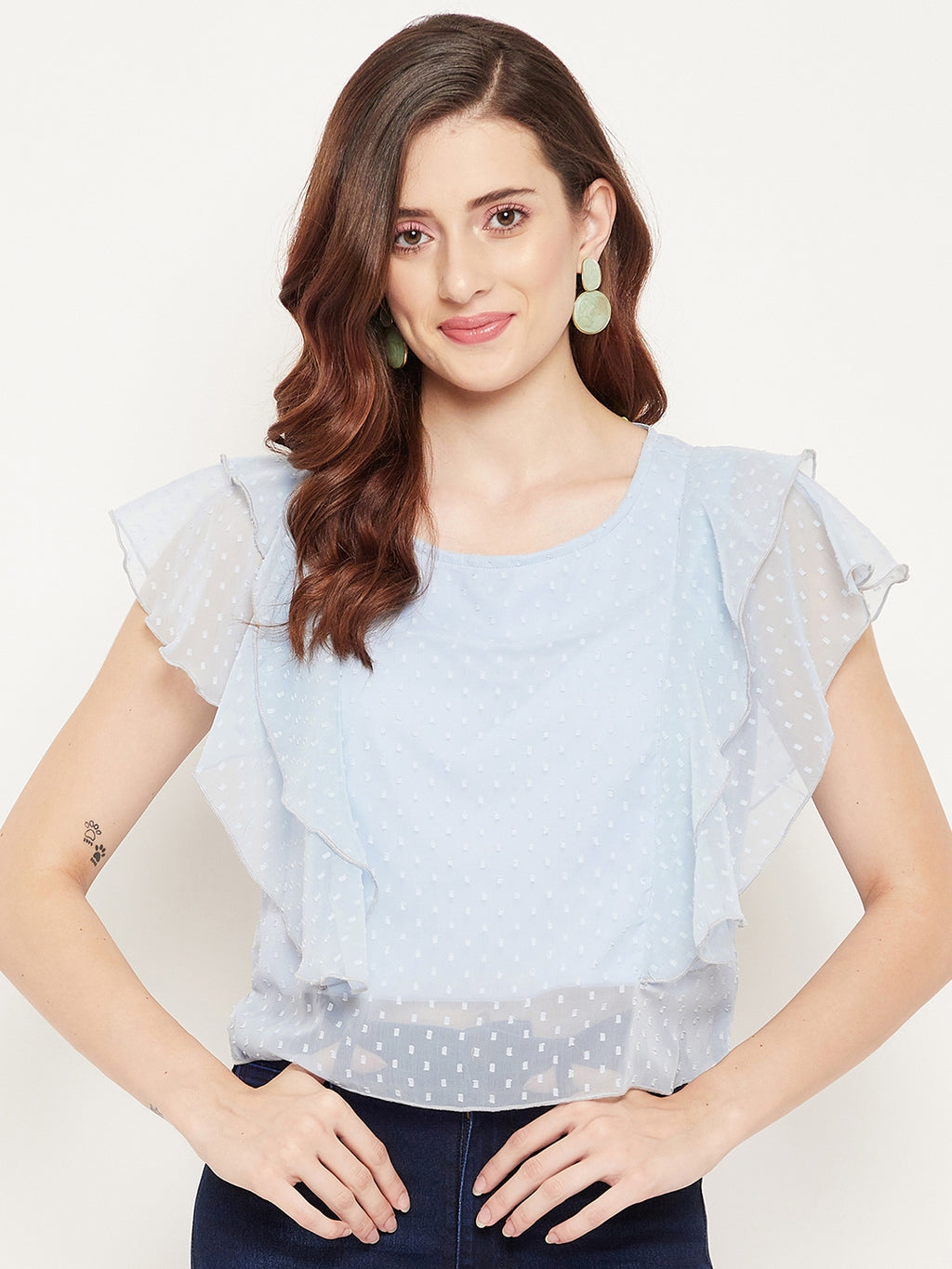 Casual Flared Sleeves Self Design Women White Top - BITTERLIME