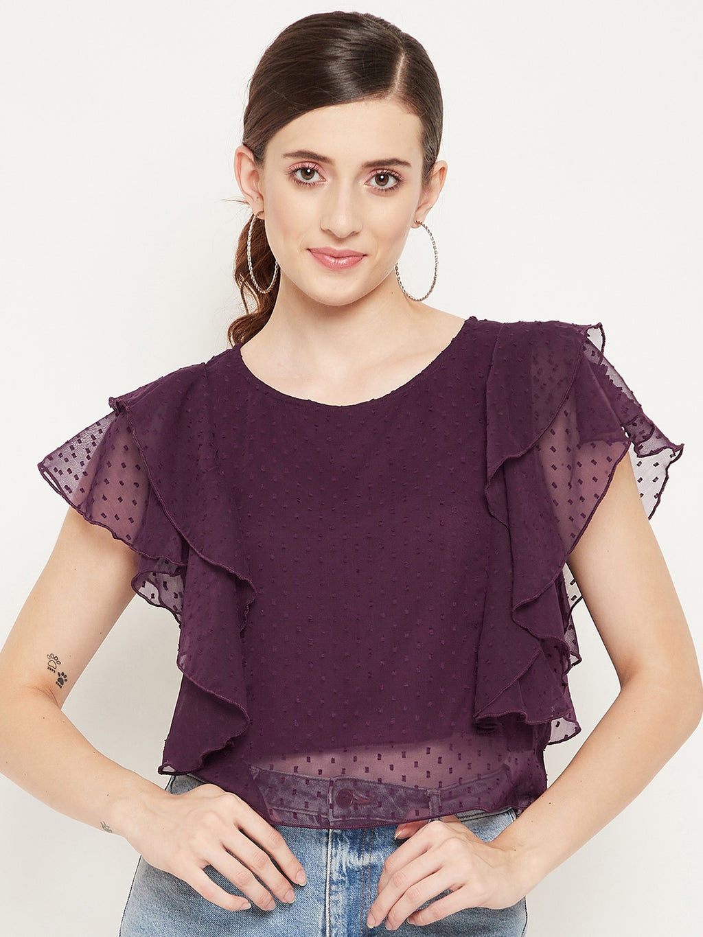 Women Rose Self Design Ruffles Georgette Top - BITTERLIME